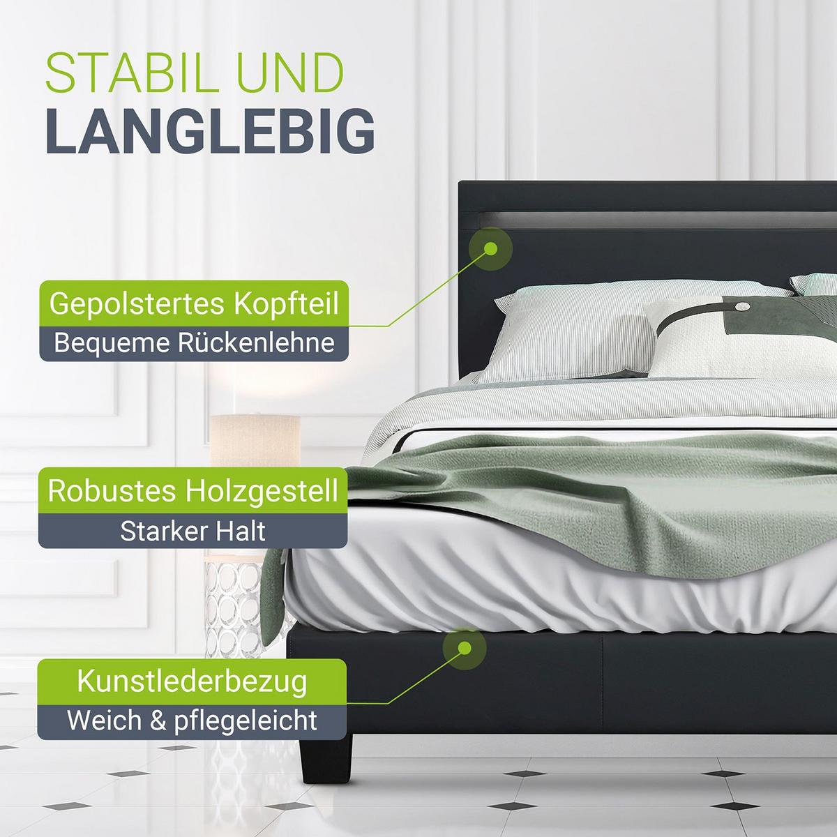 POLSTERBETT Paris schwarz 140x200cm mit Matratze und LED (16 Farben) - Schwarz, Textil (140/200cm) - Juskys
