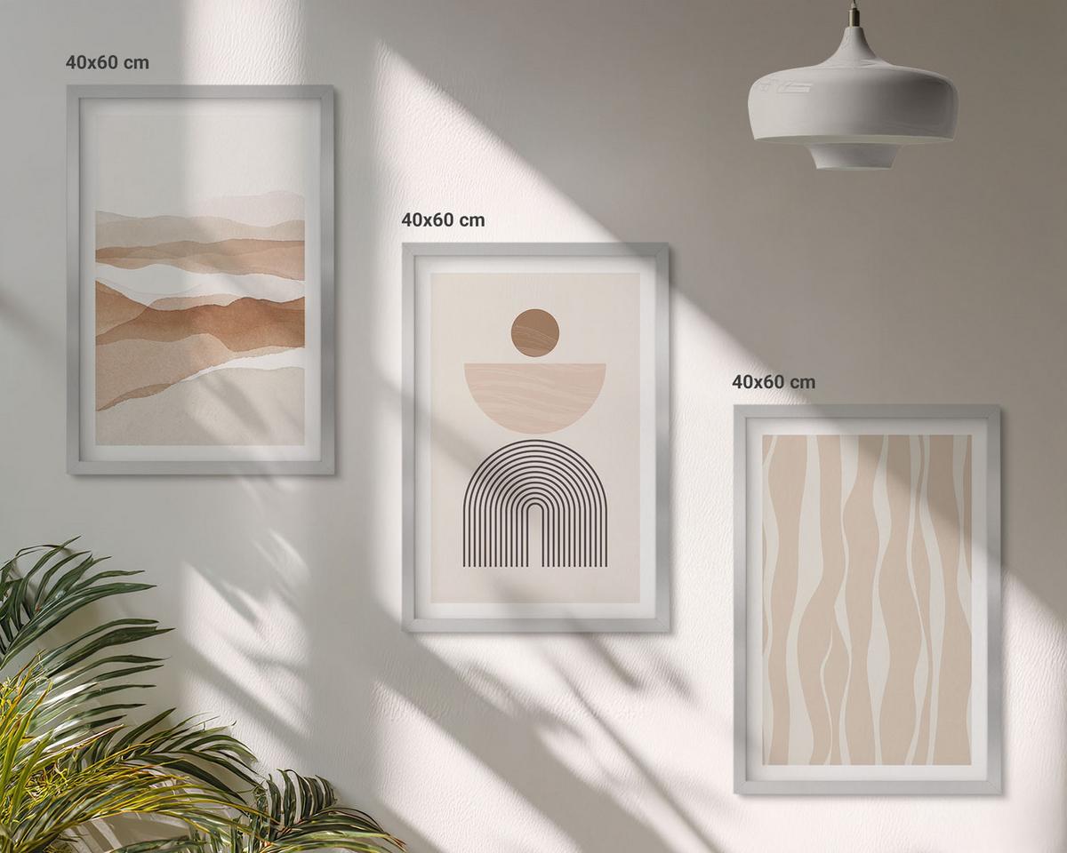 BILDER SET 3er Set - 40x60 cm Silberner Rahmen - Abstrakte Landschafts- und Naturgeometrie - Silberfarben, Kunststoff (40/60cm) - TULUP