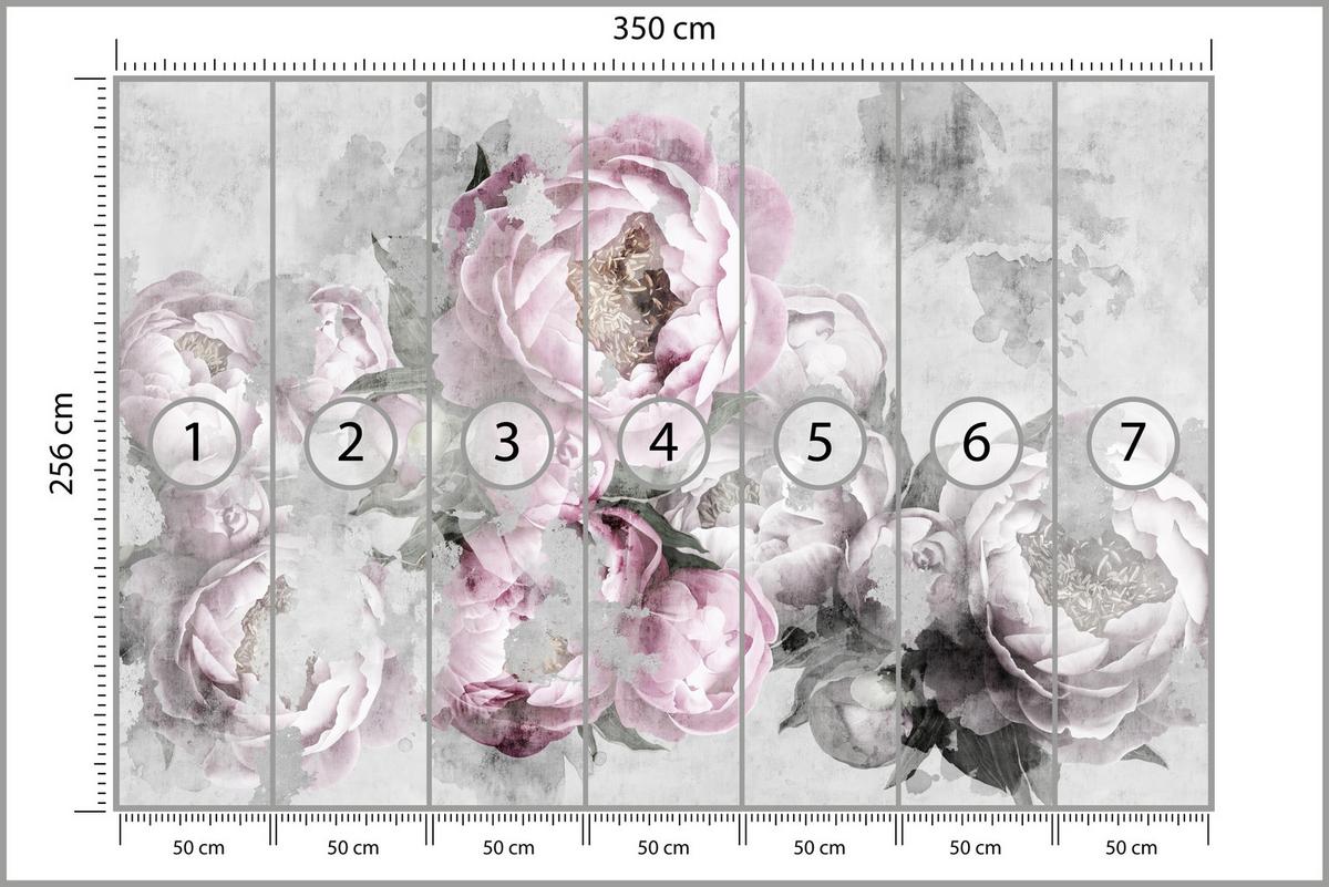 FOTOTAPETE für Küche Abstrakte Pink Pfingstrosen Beton Vintage 350x256 - Rosa/Grau, Papier (350/256cm) - Muralo