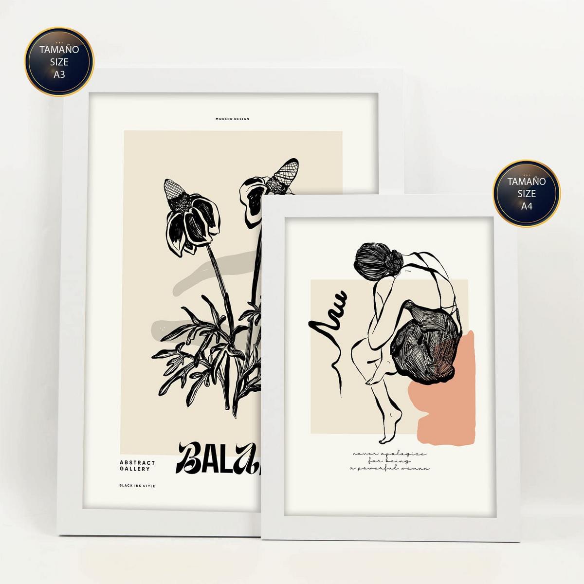 POSTER Set Mit 6 In Schwarzer Tinte Gefühle Kunstdrucke Im Skizzenstil Für Innenarchitektur A3 & A4 Weißer Rahmen - Weiß, Papier (29/3cm) - Nacnic
