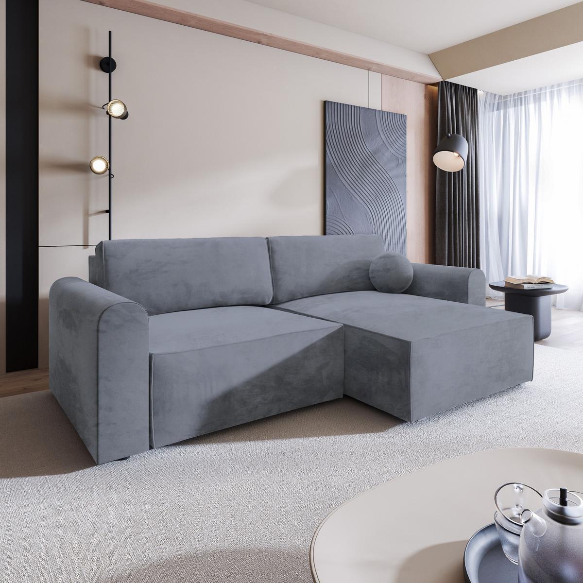 ECKSOFA FIANO M Grau Velours-Stoff mit Schlaffunktion - Grau, Holz/Kunststoff (245/148cm) - MASSENO