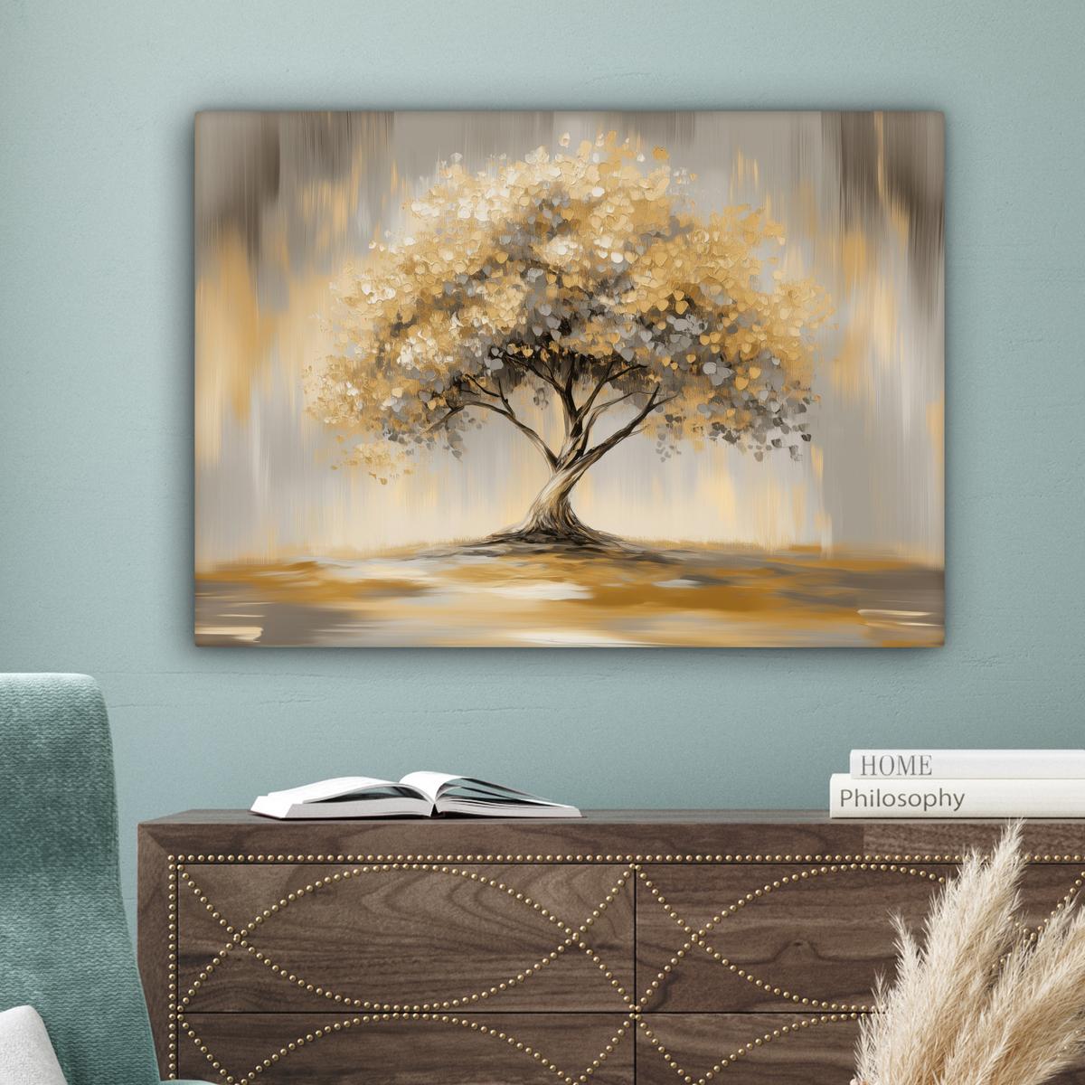 LEINWANDBILD Gemälde - Baum - Abstrakt - Blätter Wandbilder 80x60 cm - Beige, Textil (80/60cm) - MuchoWow