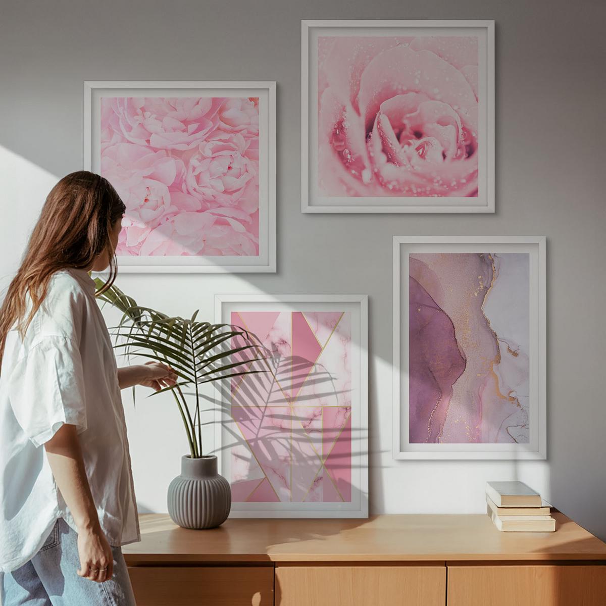 BILDER SET 4er Set - 50x50 cm & 40x60 cm Weißer Rahmen - Rosa geometrische Pfingstrosen - Weiß, Kunststoff (50/50cm) - TULUP