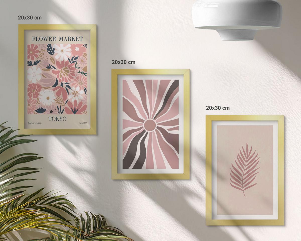BILDER SET 3er Set - 20x30 cm Goldrahmen - Florale Blattmuster und Geometrie - Goldfarben, Kunststoff (20/30cm) - TULUP