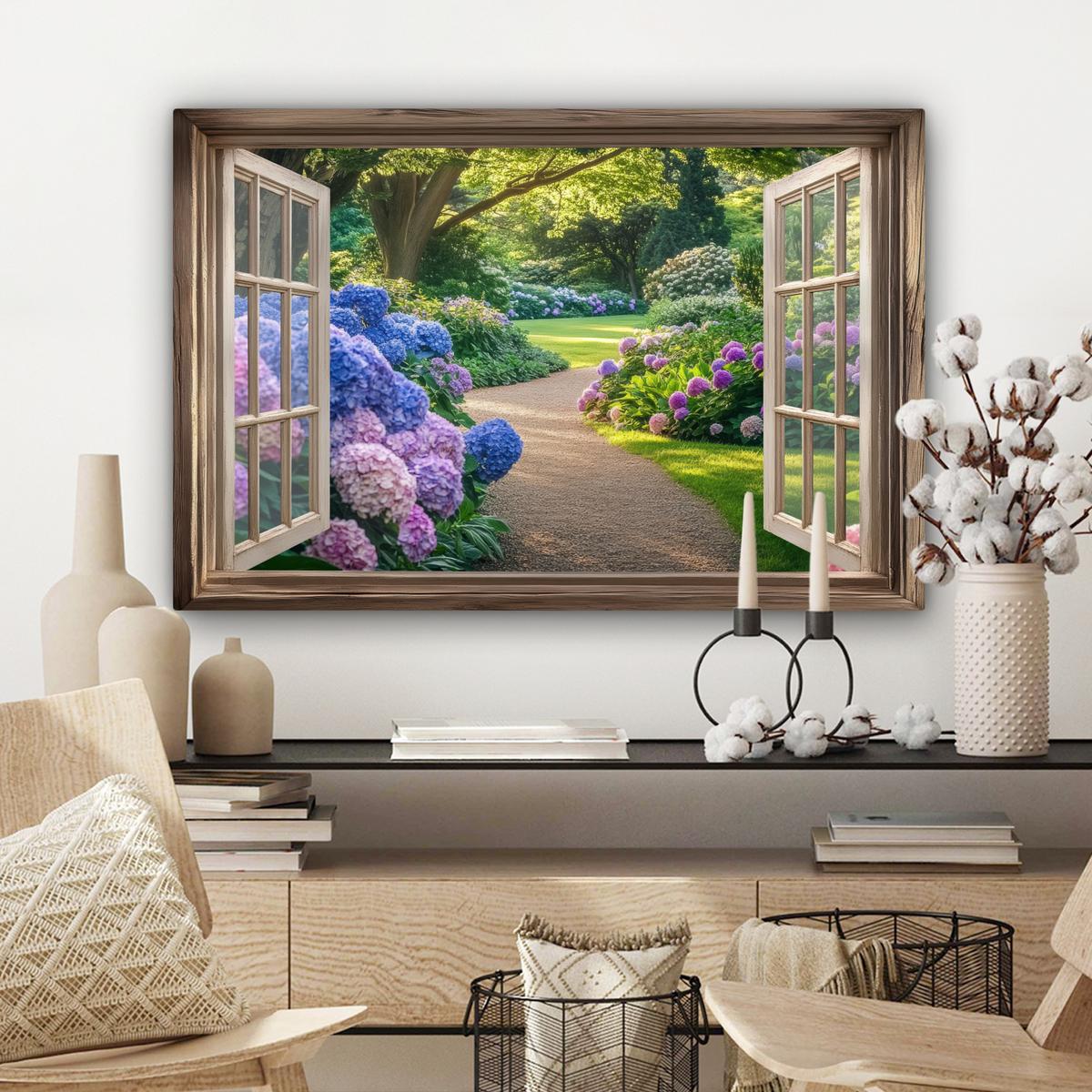 LEINWANDBILD Aussicht - Garten - Fenster - Hortensie - Blumen Wanddeko 90x60 cm - Pastellblau, Textil (90/60cm) - MuchoWow