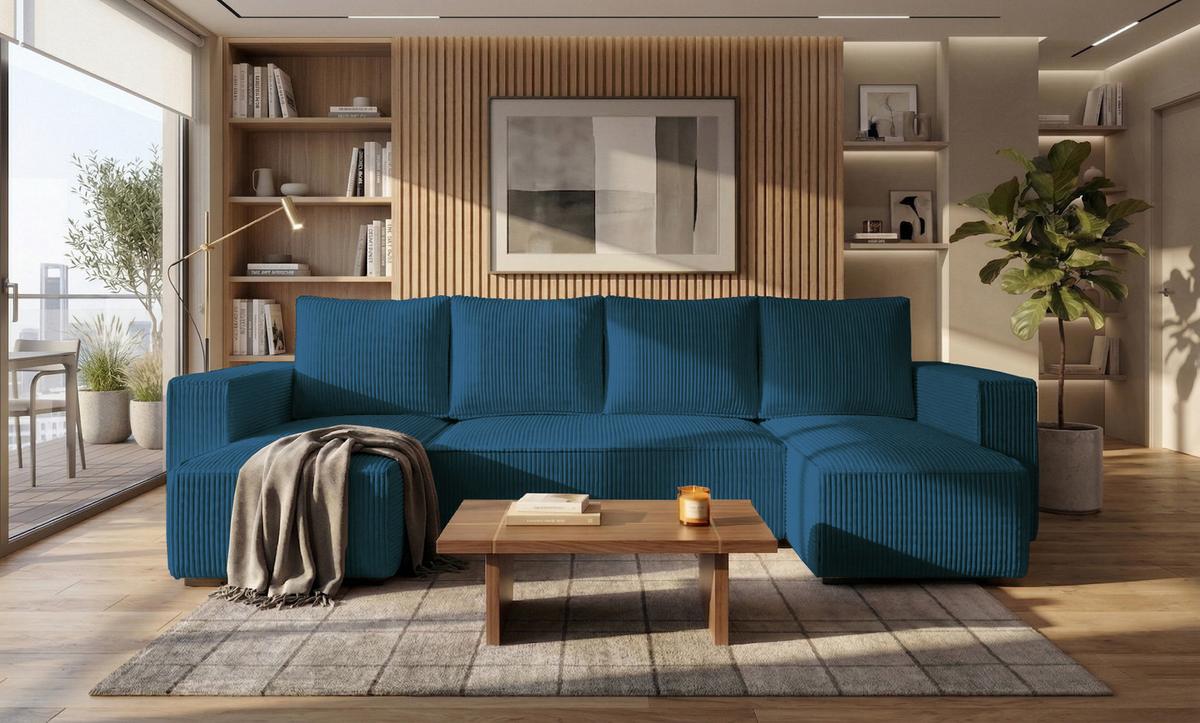 WOHNLANDSCHAFT CUDDY U mit Schlaffunktion und Bettkasten, Farbe: Blau, Cordstoff - Blau, Textil (305/85/140cm) - Storez24