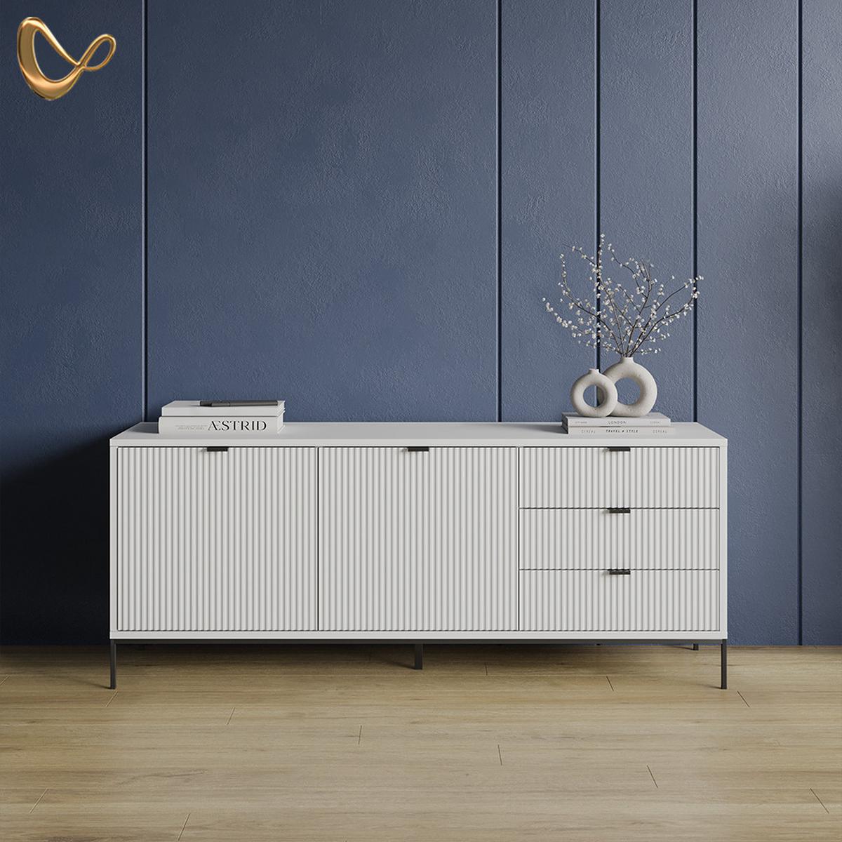 LOWBOARD Aterno Weiß 150 x 60 cm mit 3 Schubladen, 2 Türen - Weiß, Holzwerkstoff (150/60/42cm) - Livinity®