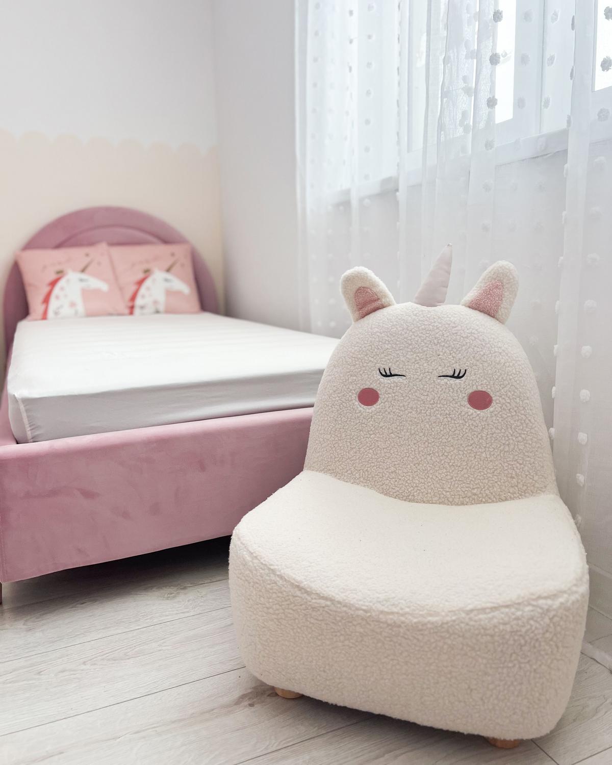 KINDERSESSEL Teddy-Optik cremeweiß Tierform Einhorn Lulea - Hellbraun/Weiß, Kunststoff/Textil (50/75/54cm) - Beliani