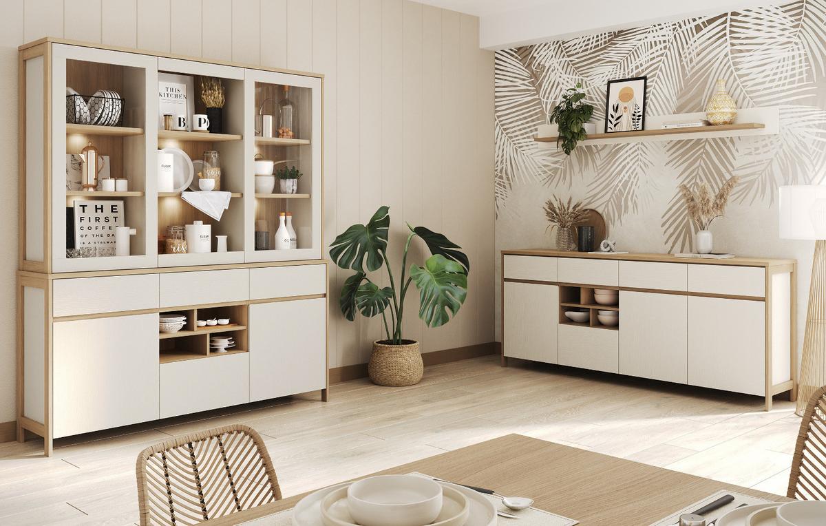 BUFFET weiß, Eiche, Buffetschrank skandinavisch 164 cm mit Soft-Close, Finnes - Eichefarben/Weiß, Glas/Holzwerkstoff (164/195/39cm) - Furn.Design