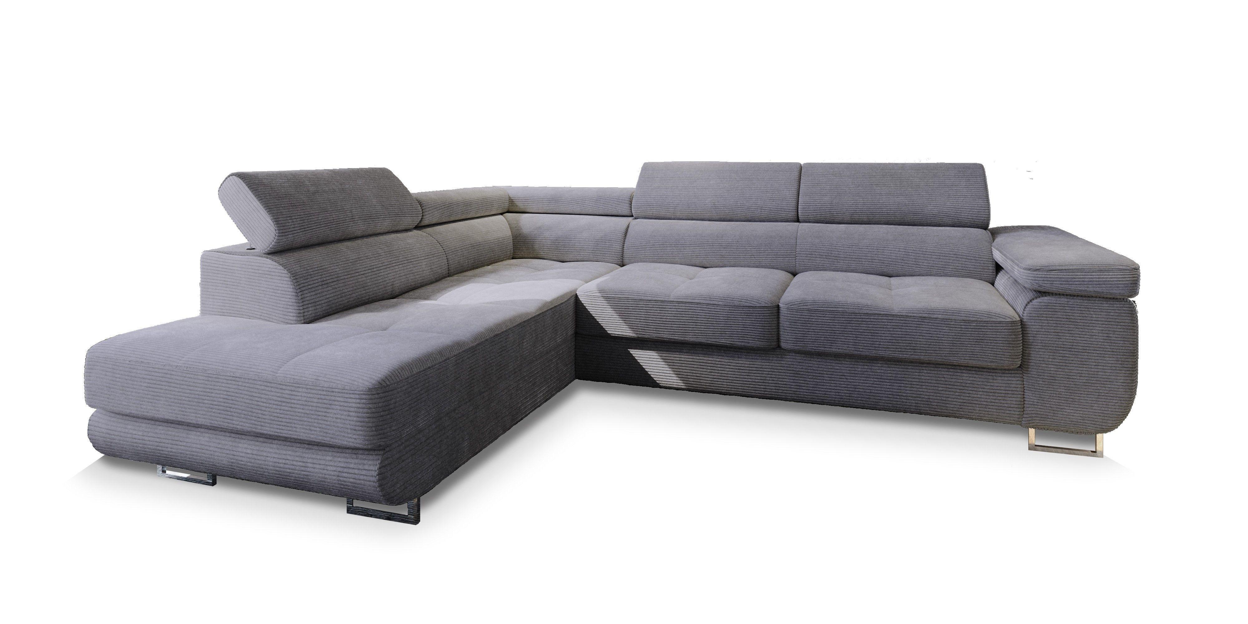 ECKSOFA APIRO L-S Grau Kordstoff mit Schlaffunktion - Silberfarben/Grau, Holz/Textil (276/202cm) - MASSENO