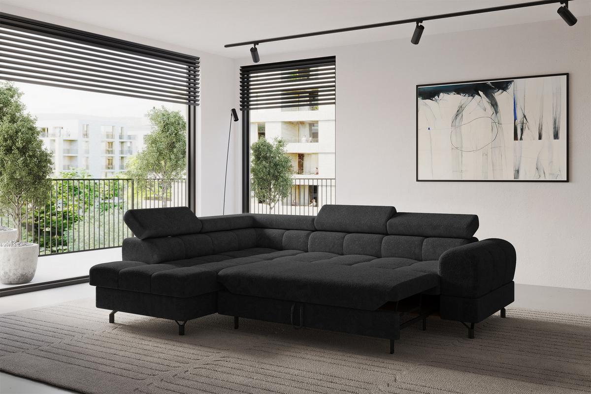 ECKSOFA mit Schlaffunktion Ottomane Links LUMA-L 272x203x70 Schwarz Velours - Schwarz, Holzwerkstoff/Kunststoff (272/203cm) - ALTDECOR