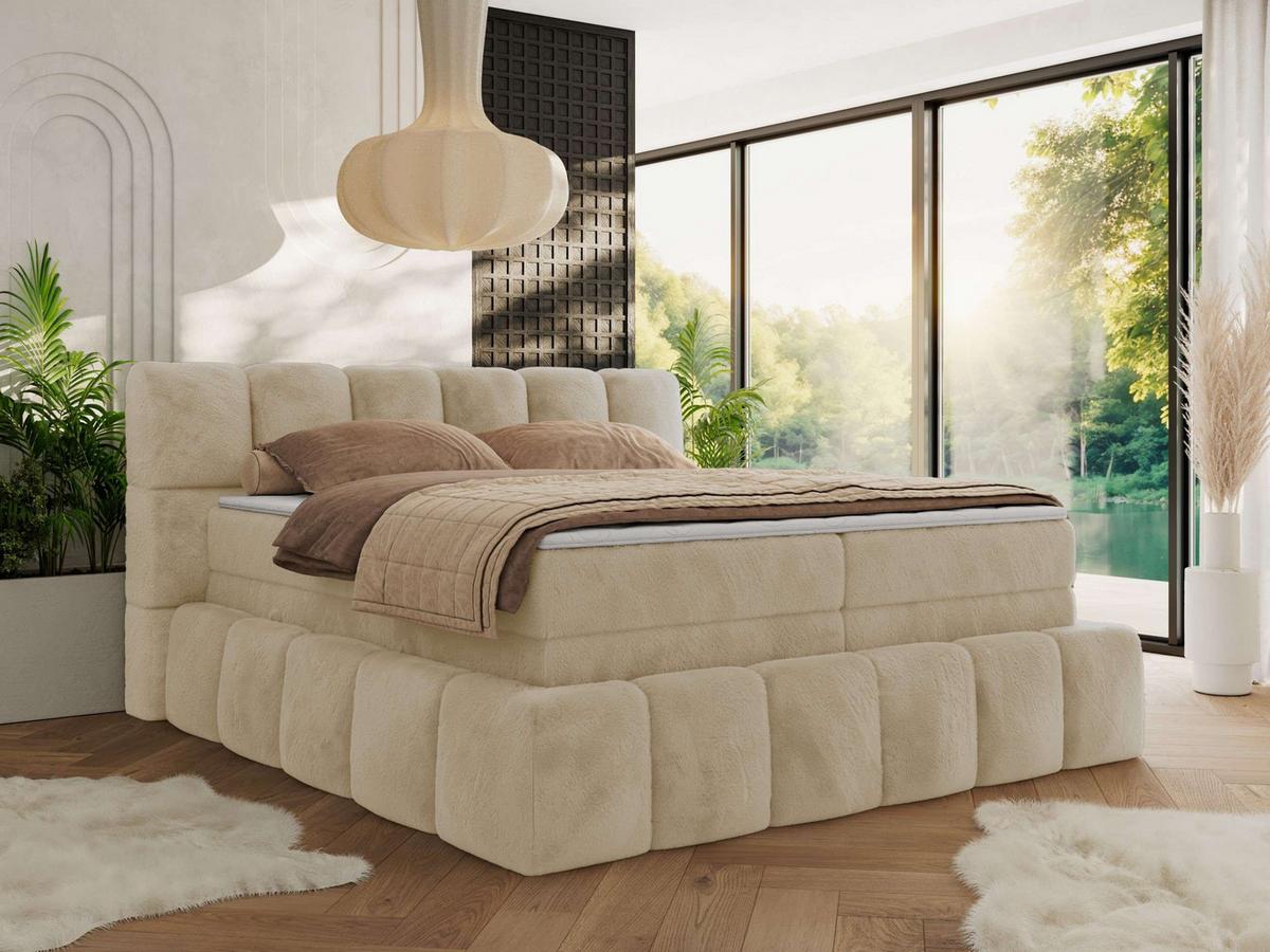 BOXSPRINGBETT NIRA KING 200/200 Creme Plüsch - H4 - Creme, Holz/Textil (200/200cm) - MKS
