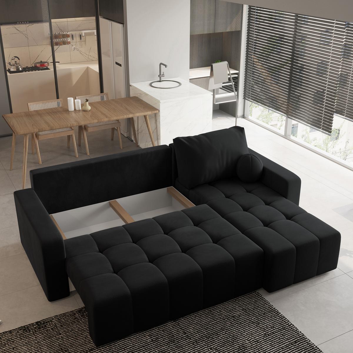 ECKSOFA VOLIRA Schwarz Plüsch-Stoff mit Schlaffunktion - Schwarz, Holz (230/143cm) - MASSENO