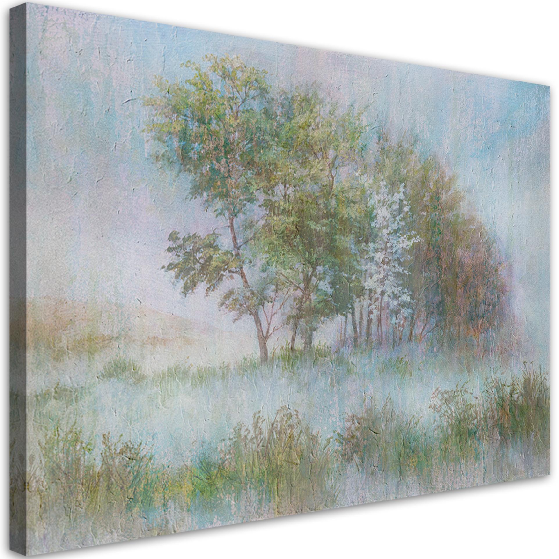 WANDBILD bäume auf einer nebligen wiese - Grün, Textil (60/40cm) - Feeby