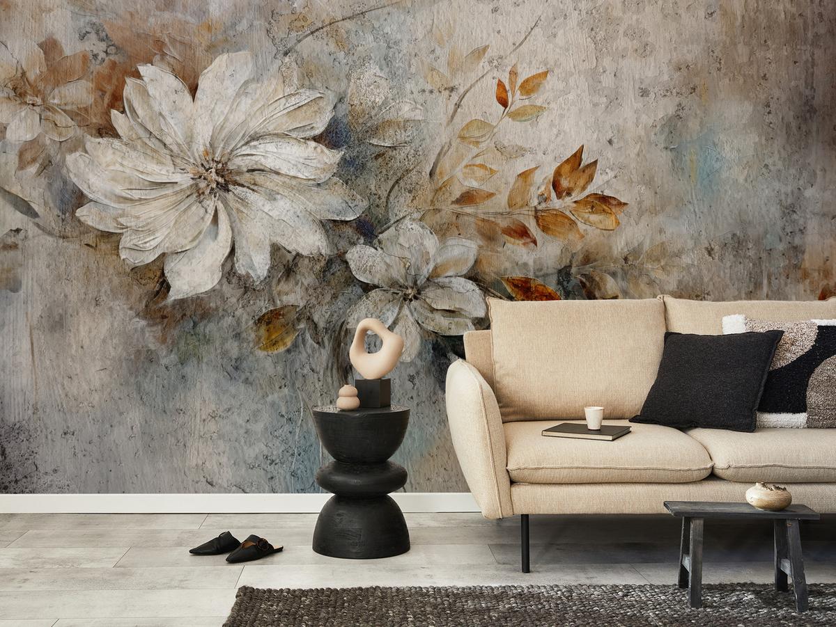 FOTOTAPETE für Wohnzimmer Retroblumen Blätter Beton Abstraktion Pflanzen 100x70 - Multicolor, Papier (100/70cm) - Muralo
