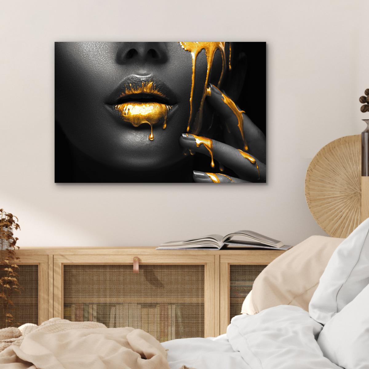 METALLBILD Frau - Schwarz - Gold - Gesicht - Lippen Wandbild 60x40 cm - Goldfarben, Metall (60/40cm) - MuchoWow