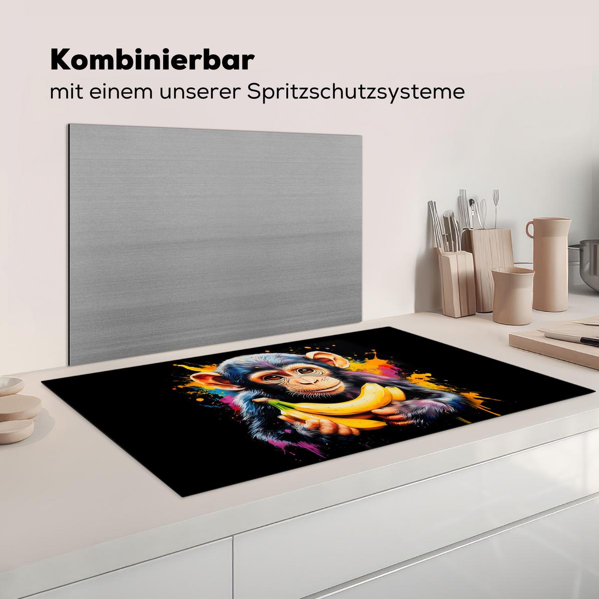 HERDABDECKPLATTE Affe - Graffiti - Farbenfroh - Bananen - Modern Induktionsschutz 91.6x52.7 cm - Gelb, Kunststoff (91.6/52.7/0.2cm) - MuchoWow