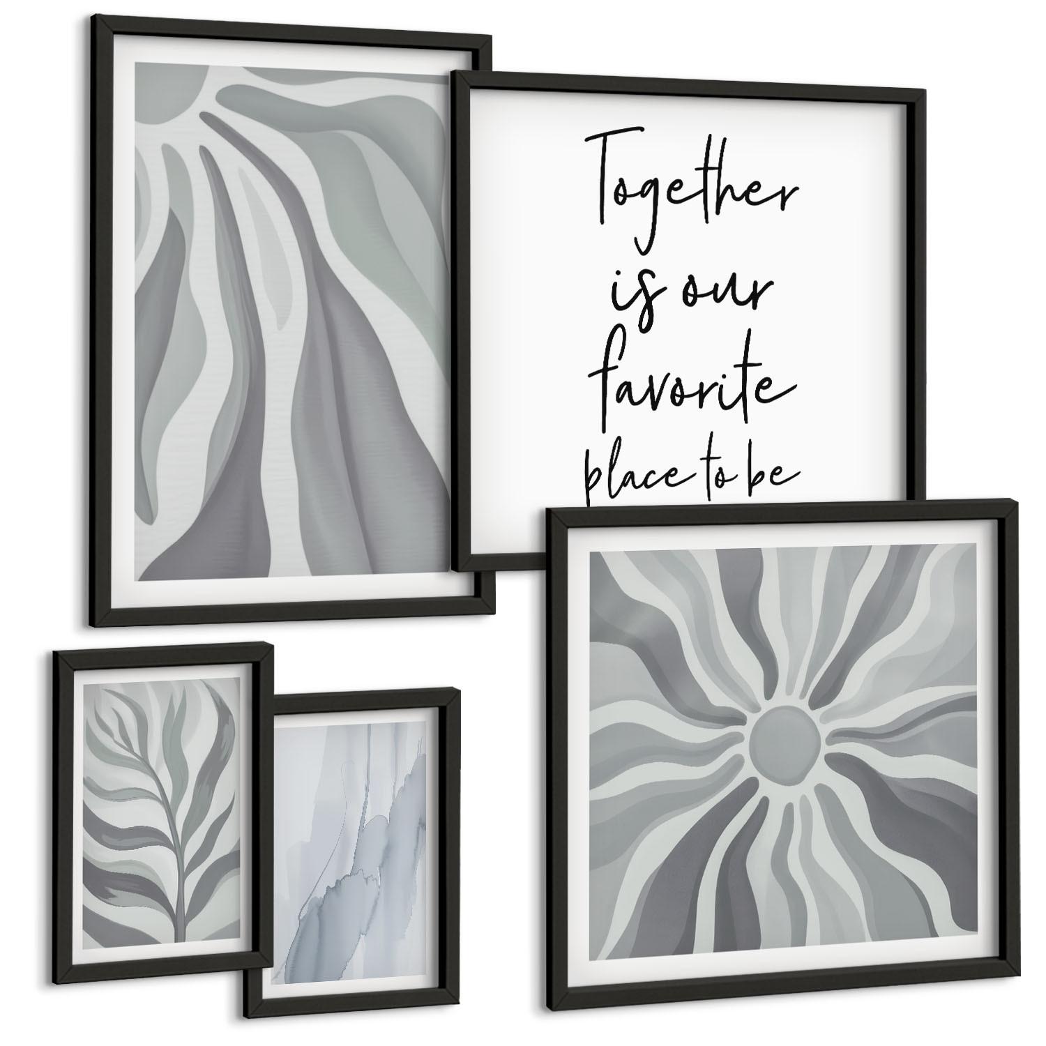 BILDER SET 5er Set - 50x50 cm & 20x30 cm & 40x60 cm Schwarzer Rahmen - Illustrationen mit floralen Pastellmustern - Schwarz, Kunststoff (40/60cm) - TULUP
