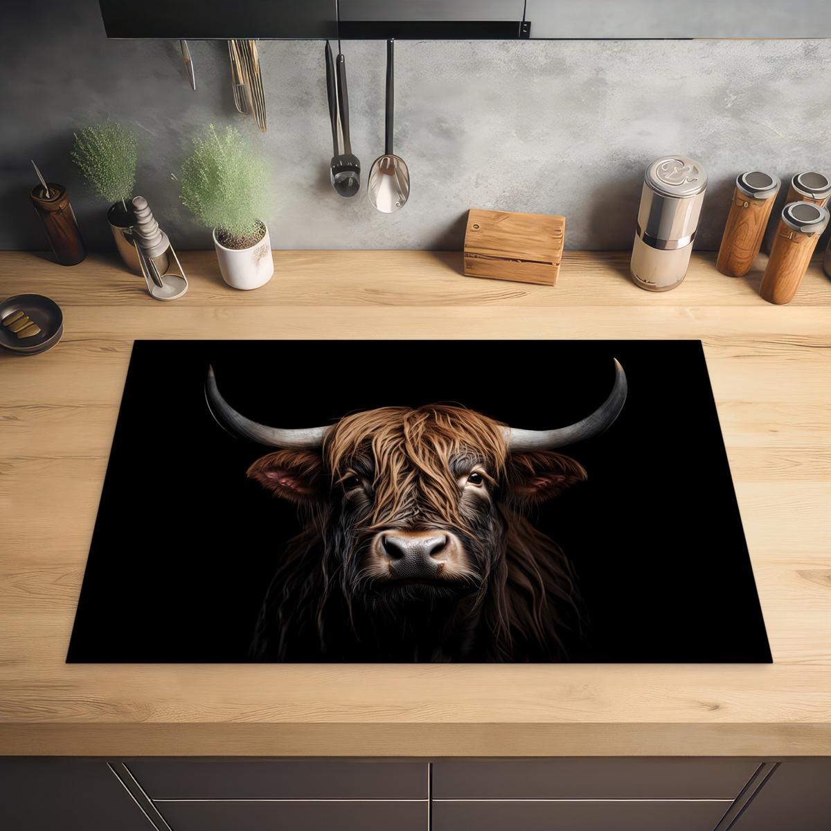 HERDABDECKPLATTE Schottischer Highlander - Porträt - Schwarz - Tier Induktionsschutz 80x52.2 cm - Braun, Kunststoff (80.2/52.2/0.2cm) - MuchoWow