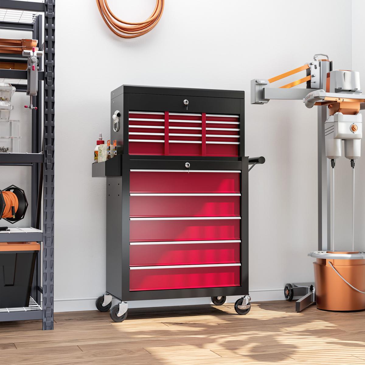 WERKSTATTWAGEN mit Rollen, mit 14 Schubladen, Rot - Rot, Metall (33/75/76cm) - HOMCOM