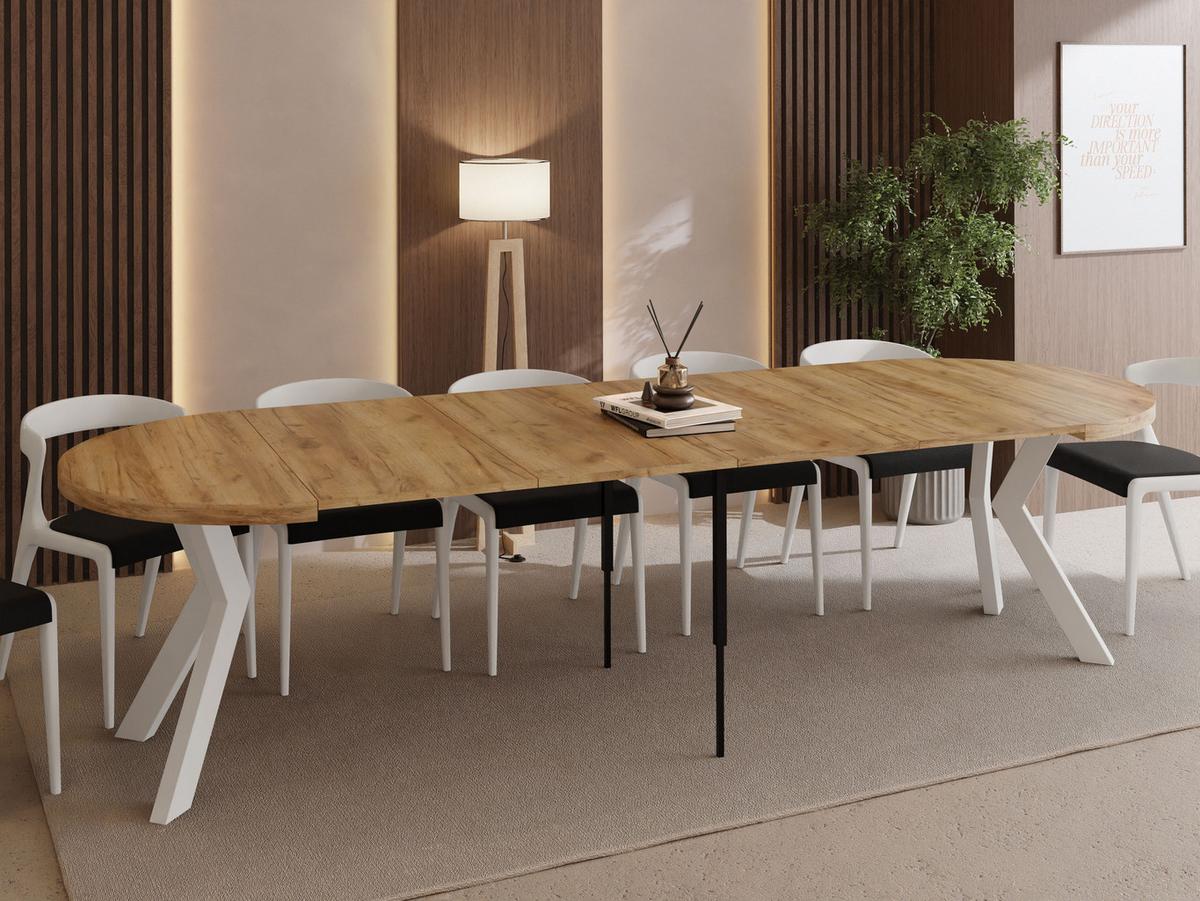 ESSTISCH Savio Weiß rund ausziehbar verlängerbar XXL, Eiche Braun 100-300/100/77 cm - Eiche Wotan/Weiß, Holz/Holzwerkstoff (100/300/77cm) - WFL GROUP