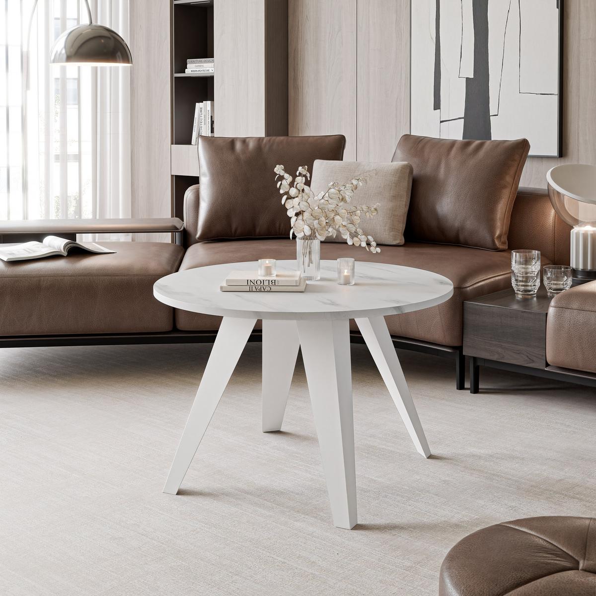 COUCHTISCH FERRO 75/50 cm runden, Weiß / Marmor Bianco - Perlmutt/Weiß, Metall (75/75/50cm) - Idohome