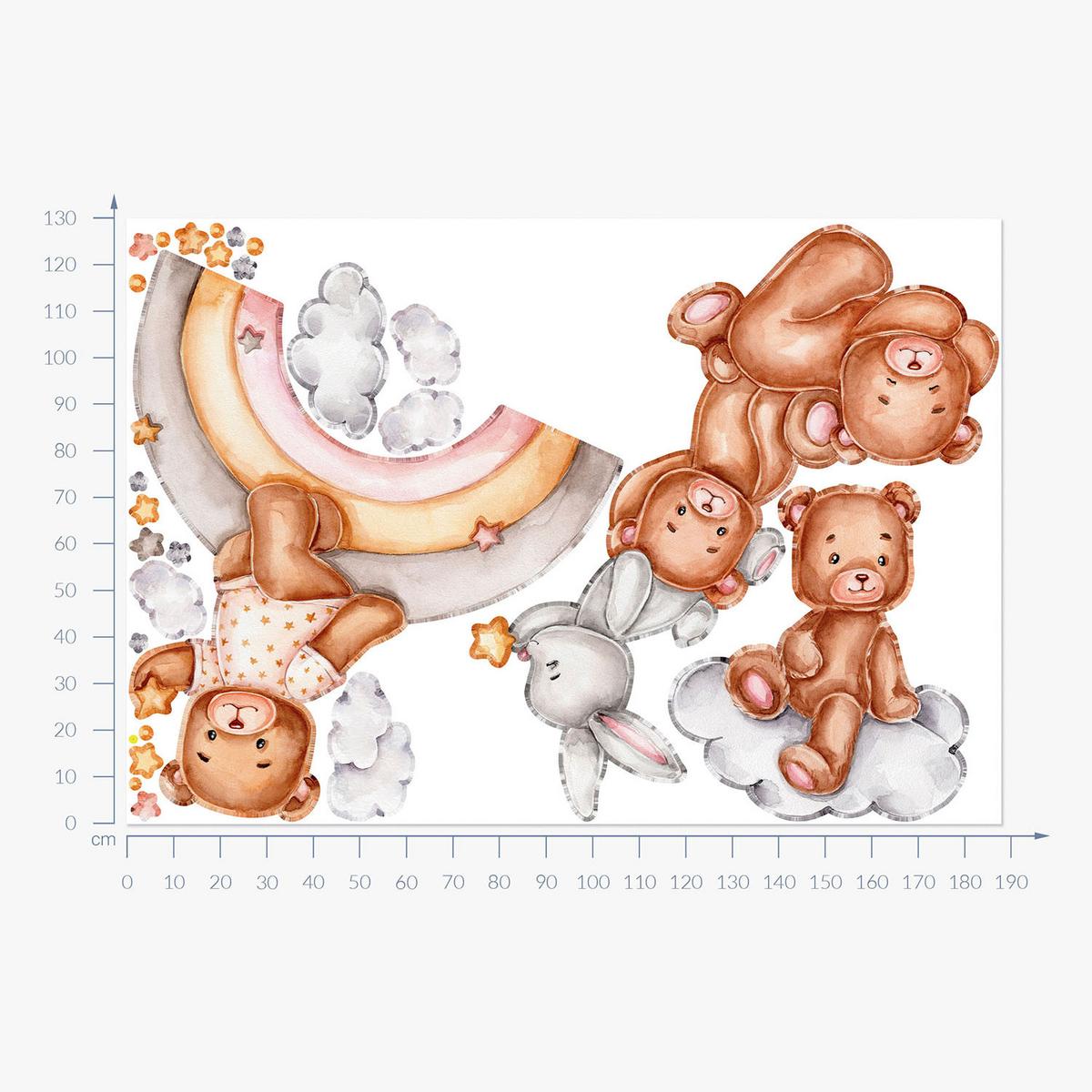 WANDAUFKLEBER 130x188cm - Teddybären und ein Kaninchen auf einem Regenbogen - Multicolor, Kunststoff (130/188/0.1cm) - Wallfluent