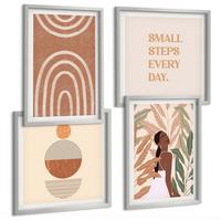 BILDER SET 4er Set - 50x50 cm & 40x60 cm Silberner Rahmen - Stilvolle Pflanzenmuster und Geometrie - Silberfarben, Kunststoff (50/50cm) - TULUP