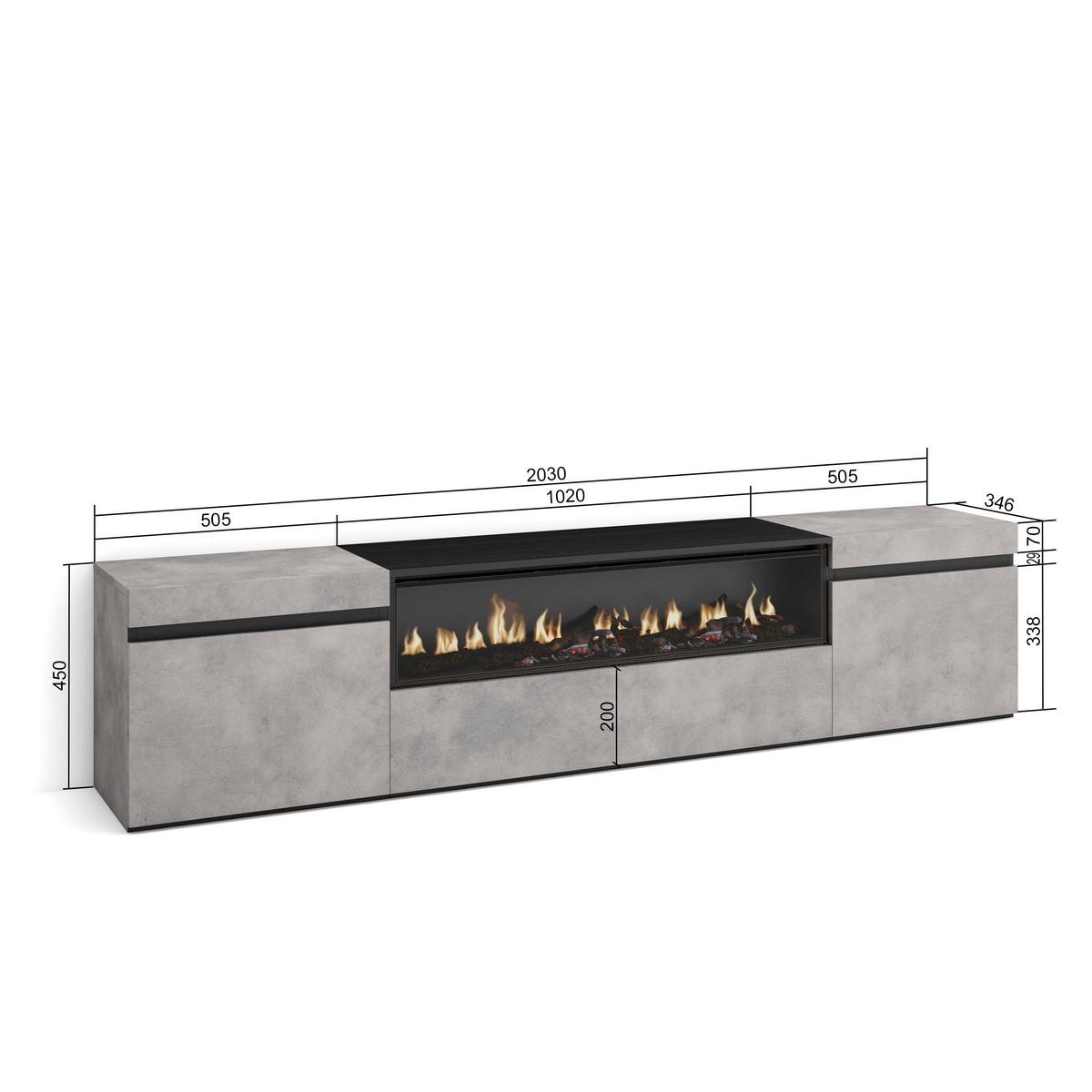LOWBOARD, mit Elektrokamin, Zementgrau, 200/35/45cm - Hellgrau/Grau, Holzwerkstoff (200/45/35cm) - Skraut Home