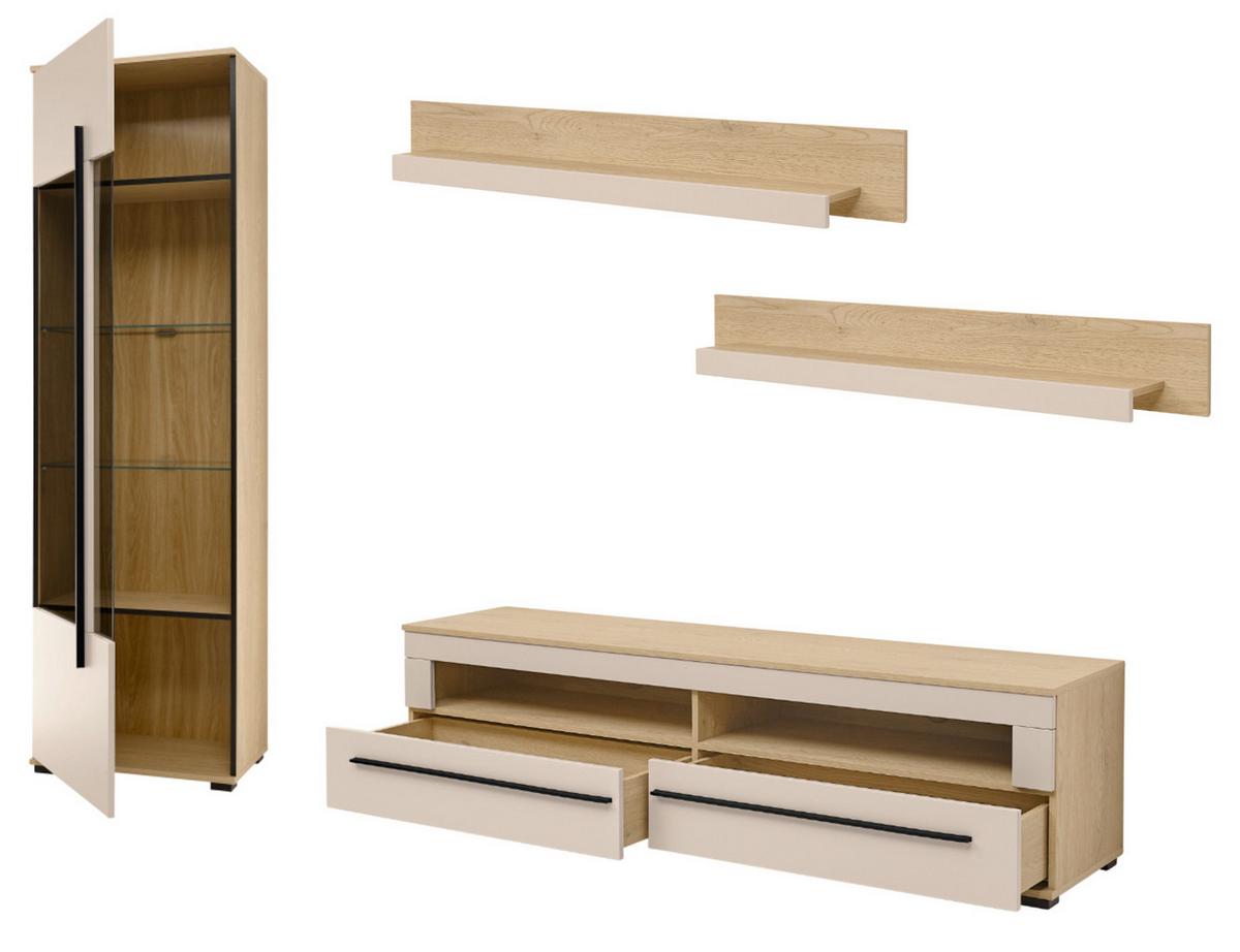 WOHNWAND Kaschmir, Eiche 4-teilig 240 cm, Wohnkombination mit Soft-Close - Kaschmir/Eichefarben, Glas/Holzwerkstoff (240/200/42cm) - Furn.Design