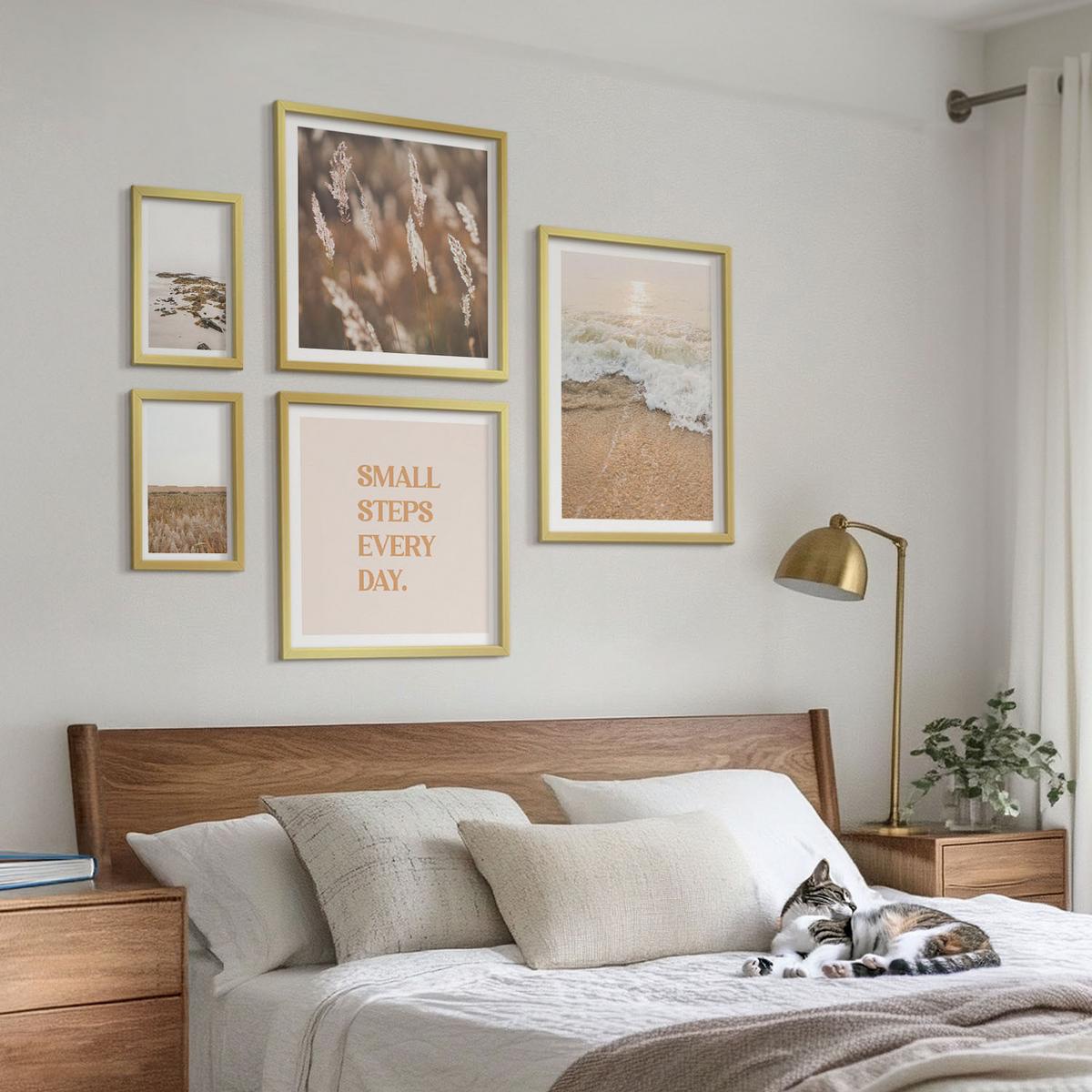 BILDER SET 5er Set - 50x50 cm & 20x30 cm & 40x60 cm Goldrahmen - Strandwellen, Steine, Sommer - Goldfarben, Kunststoff (40/60cm) - TULUP