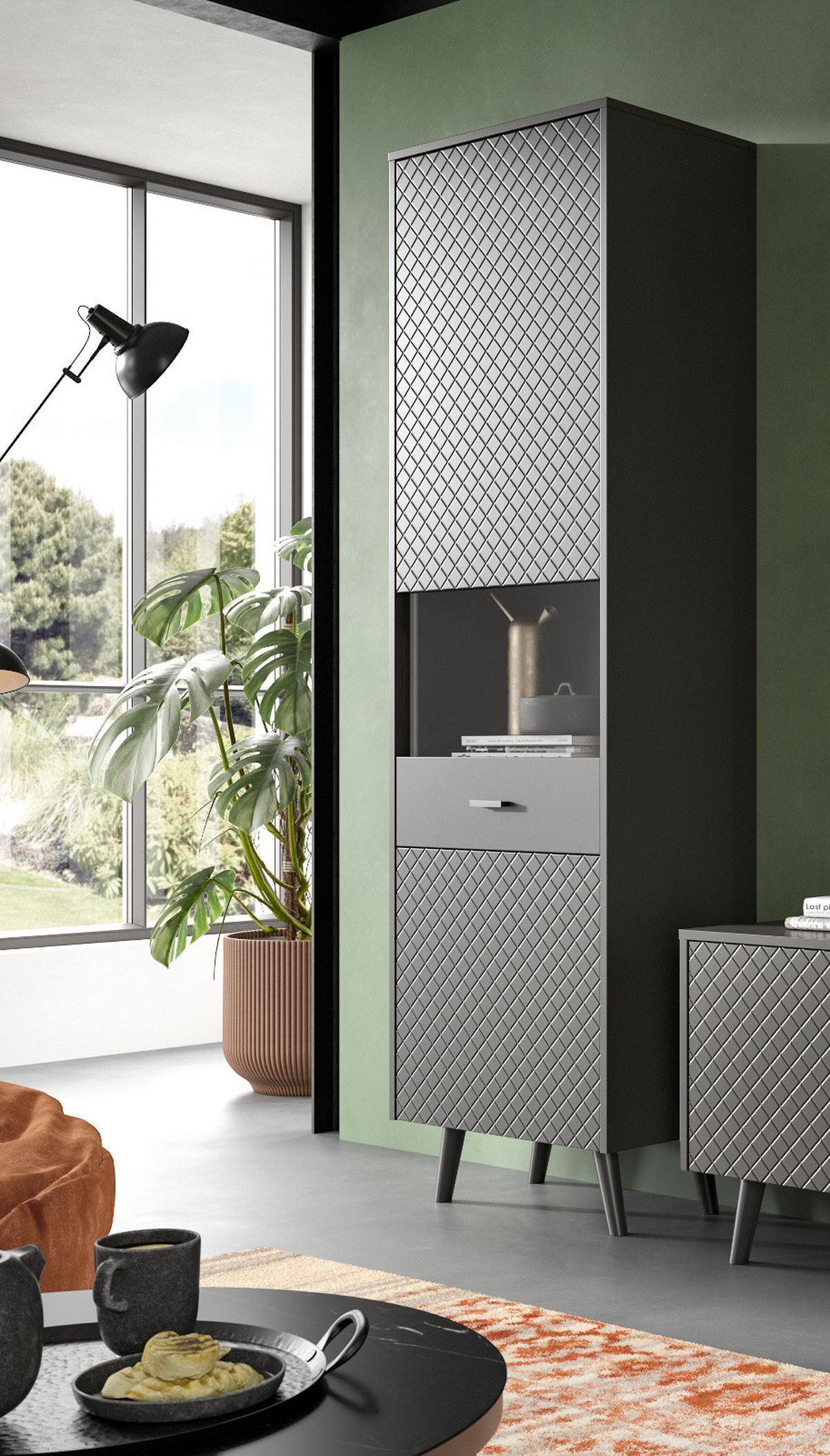 VITRINE grau matt 58 x 195 cm, Vitrinenschrank mit Struktur - Schwarz/Grau, Glas/Holzwerkstoff (58/195/37cm) - Inn.Furn