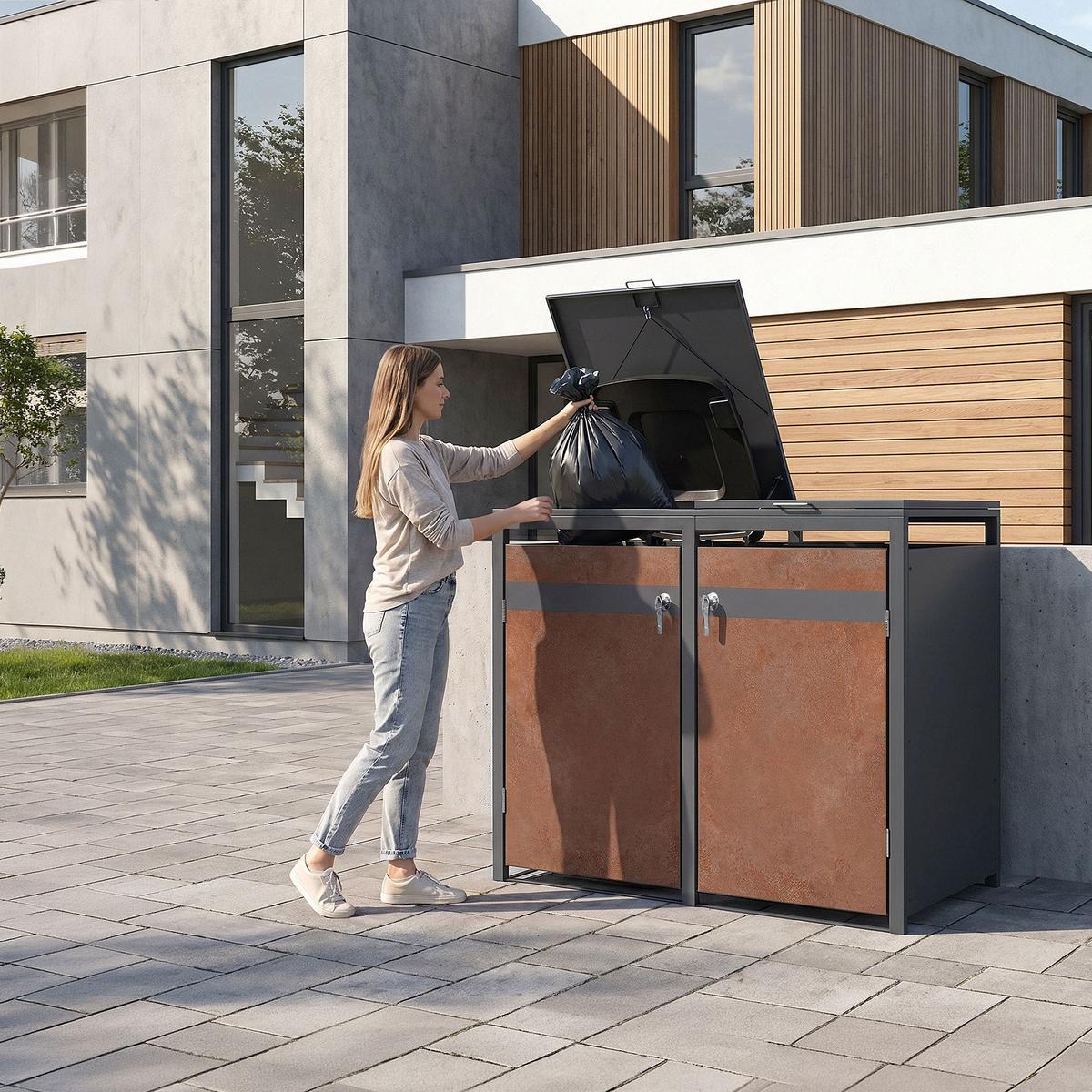 MÜLLTONNENBOX 4er Anthrazit-Rostoptik - Rotbraun, Metall (264/120/80cm) - ML-DESIGN