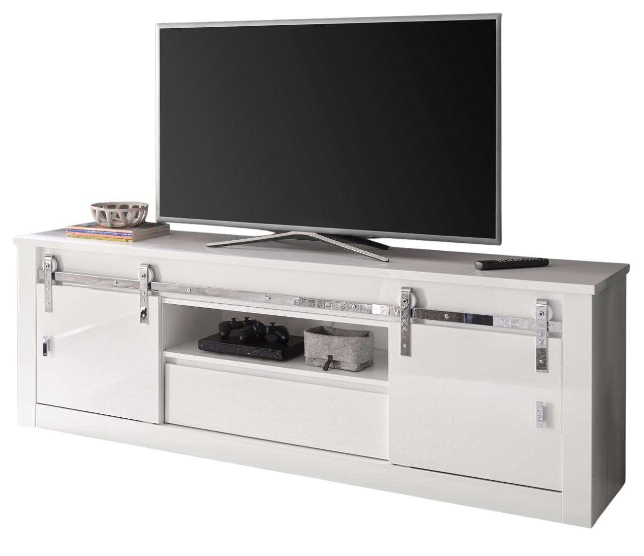 TV-LOWBOARD weiß Hochglanz 201 x 66 cm, TV Unterteil in Komforthöhe mit Soft-Close - Chromfarben/Weiß Hochglanz, Holzwerkstoff/Kunststoff (201/66/43cm) - Furn.Design