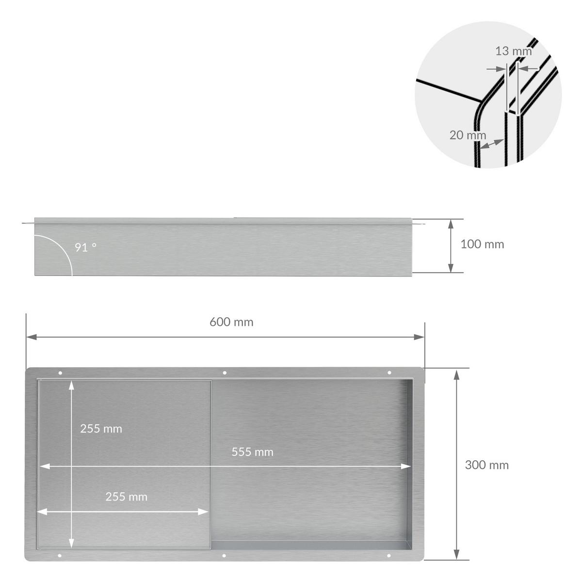 DUSCHNISCHE Edelstahl gebürstet mit befliesbarer Tür Silber 25,5/25,5 cm - Silberfarben, Metall (60/10/30cm) - LuxeBath
