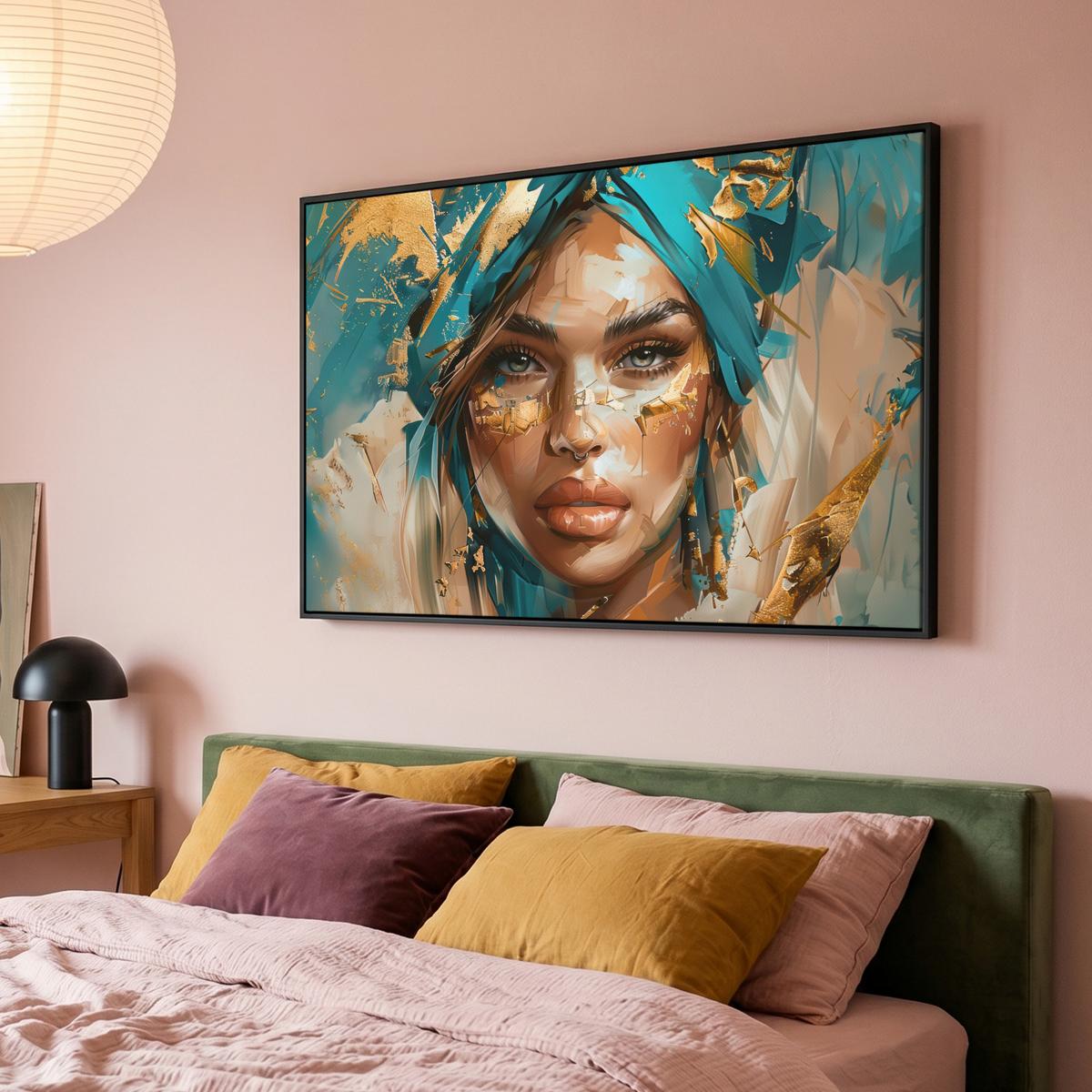 LEINWAND Bilder mit Rahmen - Frau - Porträt - Gold - Luxus - Blau - 150x100 - Türkis, Textil (150/100cm) - MuchoWow