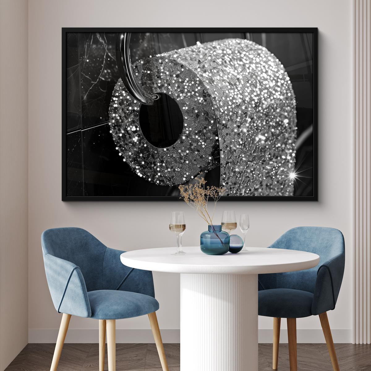 POSTER MIT RAHMENGERAHMTES BILD WC - Toilettenpapier - Schwarz und weiß - Glitter 120x80 cm - Silberfarben, Papier (120/80cm) - MuchoWow