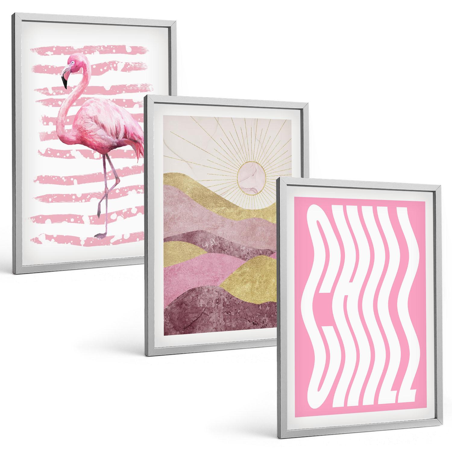 BILDER SET 3er Set - 40x60 cm Silberner Rahmen - Pastelllandschaft mit rosa Flamingos - Silberfarben, Kunststoff (40/60cm) - TULUP