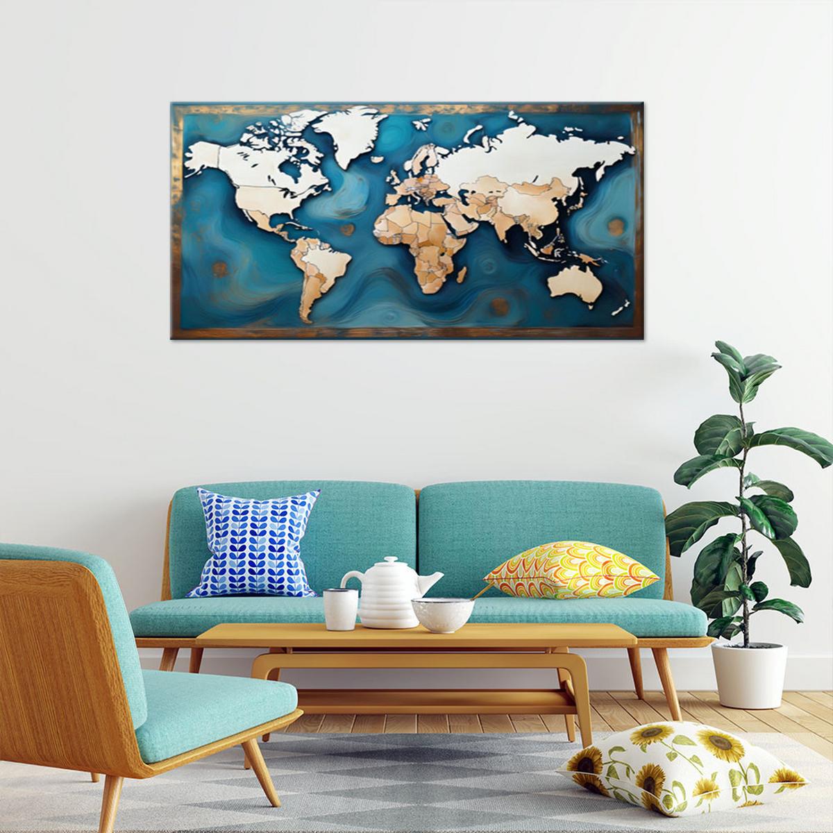 WANDBILD retro türkis weltkarte - Türkis, Textil (80/40cm) - Feeby