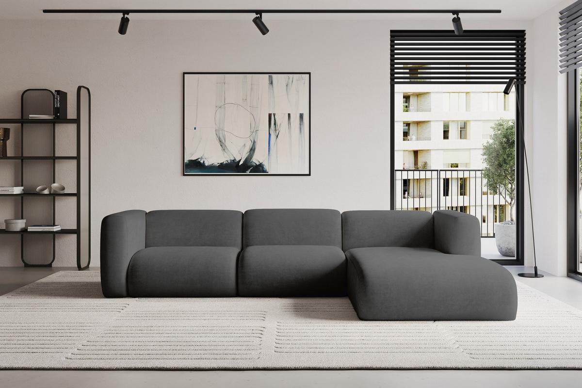 ECKSOFA Ottomane Rechts MIRA-L2 318x179x89 Dunkelgrau Velours - Dunkelgrau/Schwarz, Holzwerkstoff/Kunststoff (318/179cm) - ALTDECOR