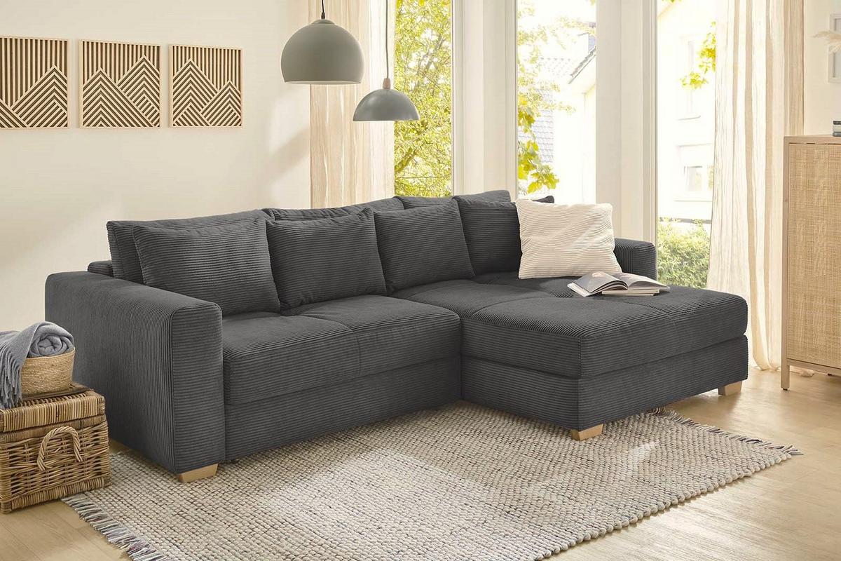 ECKSOFA-DAUERSCHLÄFER Federkern Bettkasten, seitenverkehrt montierbar B288/T186/H86 cm, Liegefl. 153x245 cm, Cord Dunkelgrau / 15153 - Dunkelgrau/Eichefarben, Holz/Textil (288/186cm) - luma-home