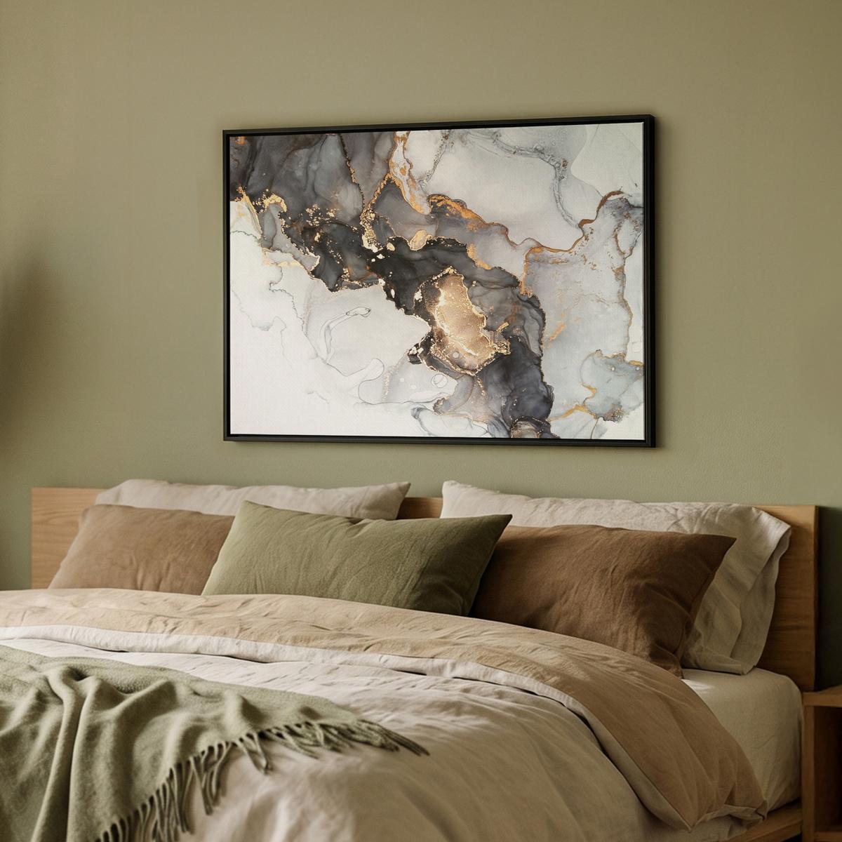 LEINWAND Bilder mit Rahmen - Marmor - Schwarz - Weiß - Gold - Luxus - Abstrakt - 70x50 - Goldfarben, Textil (70/50cm) - MuchoWow