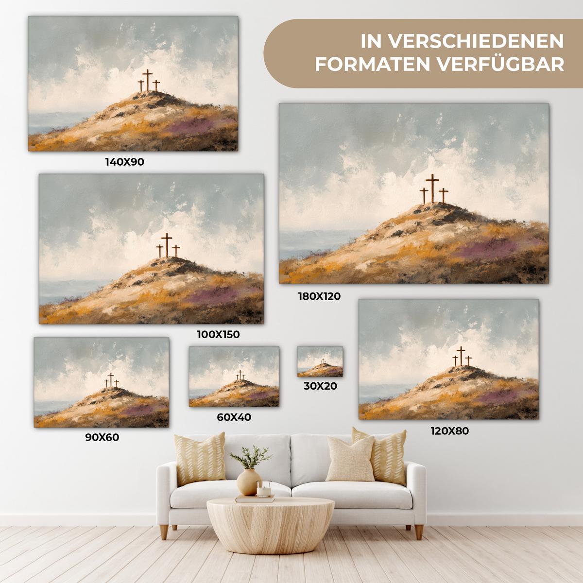 LEINWANDBILD Hügel - Abstrakt - Christentum - Kreuz Deko Schlafzimmer 30x20 cm - Hellgrau, Textil (30/20cm) - MuchoWow