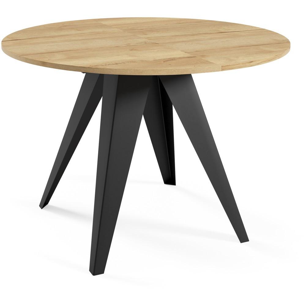 ESSTISCH Gala, Runder Tisch mit Ausziehfunktion, 90-130x90 cm, Schwarz+eiche Halifax - Eichefarben/Schwarz, Metall (90/90/76cm) - Beautysofa