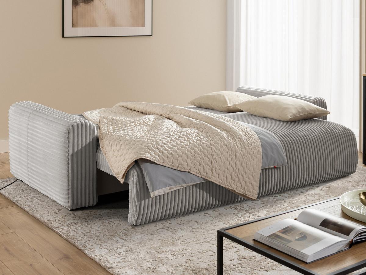 SCHLAFSOFA Calma mit Bettkasten im Bumpy-Design aus weichem Taupe Plüschcord - Taupe/Schwarz, Holz/Kunststoff (239/88/98cm) - S-Style