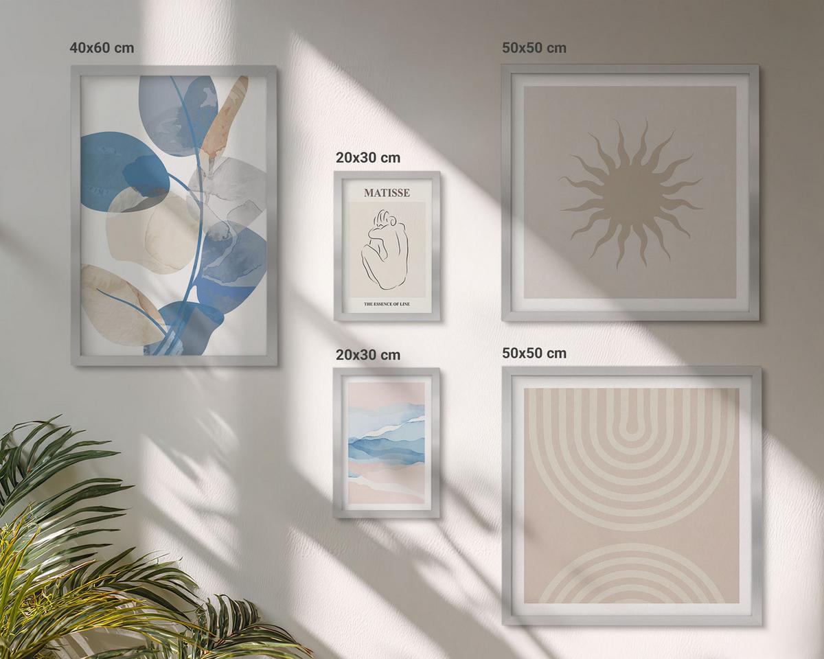 BILDER SET 5er Set - 50x50 cm & 20x30 cm & 40x60 cm Silberner Rahmen - Linien, Wellen, Pastellfarben, minimalistisch - Silberfarben, Kunststoff (40/60cm) - TULUP