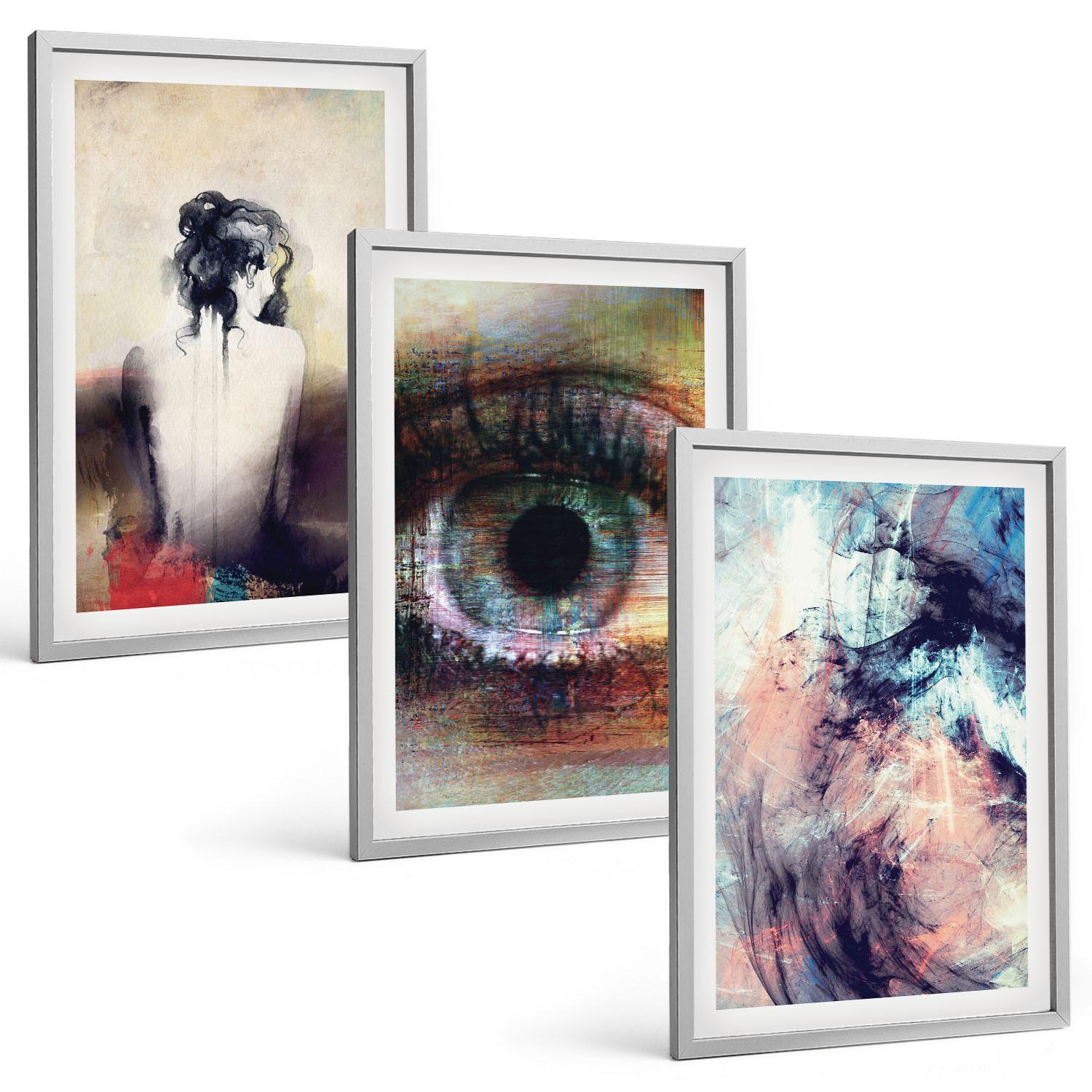 BILDER SET 3er Set - 40x60 cm Silberner Rahmen - Porträt einer Frau mit abstrakten Emotionen - Silberfarben, Kunststoff (40/60cm) - TULUP