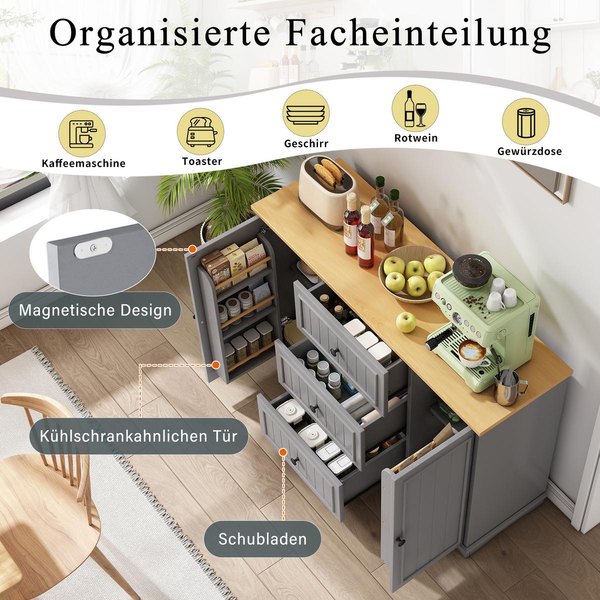 SIDEBOARD mit 3 schubladen & kühlschrank-türen - Grau, Holzwerkstoff (126/86/40cm) - Urban Meuble