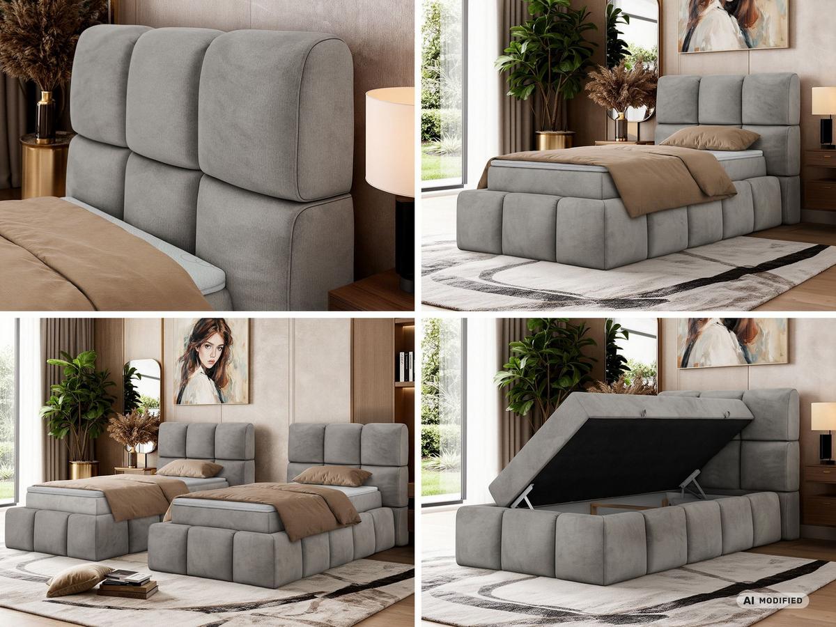 BOXBETT NIRA 90/200 - Hellgrau Velvet - Topper Visco - H3 - Hellgrau/Schwarz, Kunststoff/Textil (200/90cm) - MKS