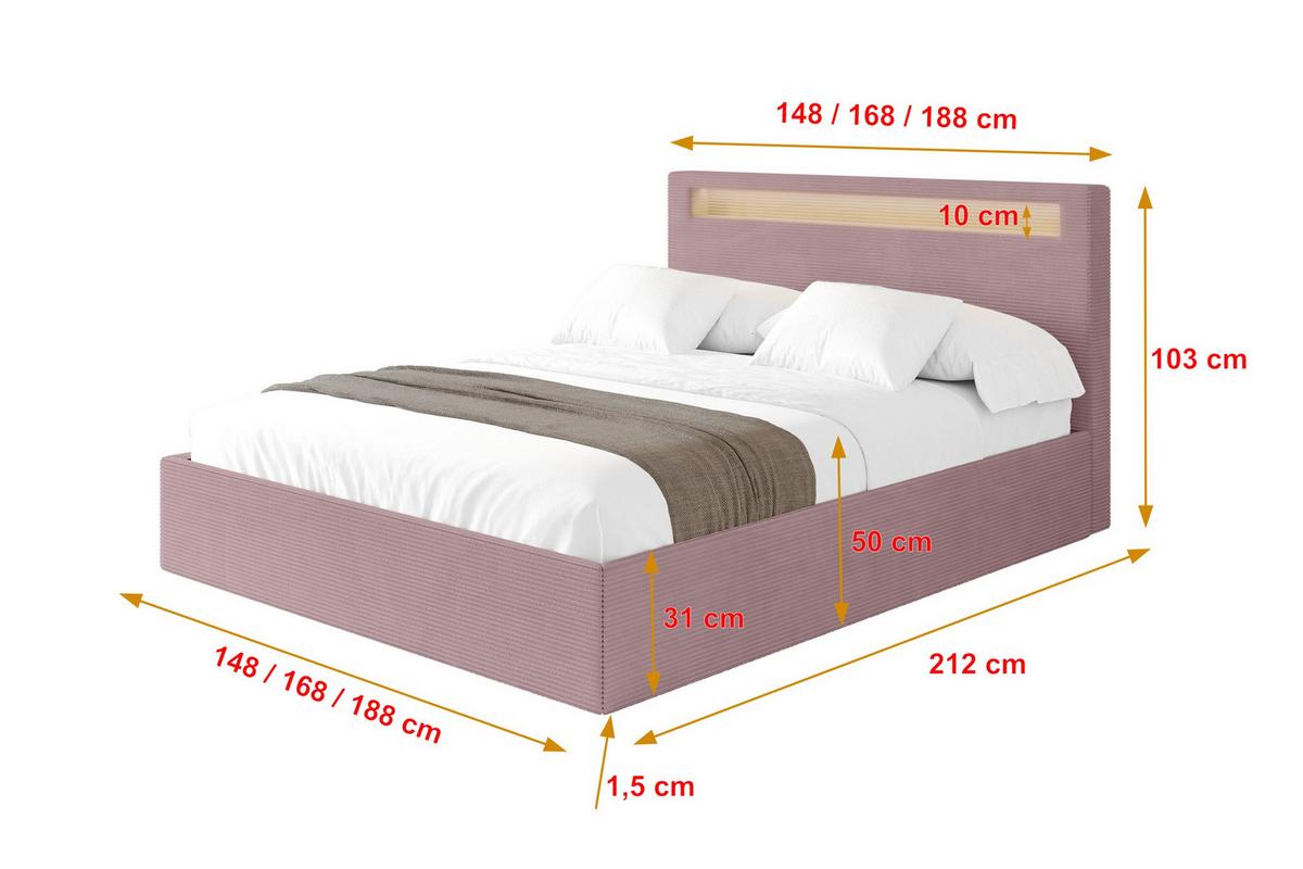 POLSTERBETT mit Bettkasten und Lattenrost, Bett mit Matratze H3/H4 - GOLA 180x200 Rosa - Rosa, Holzwerkstoff/Textil (180/200cm) - ALTDECOR